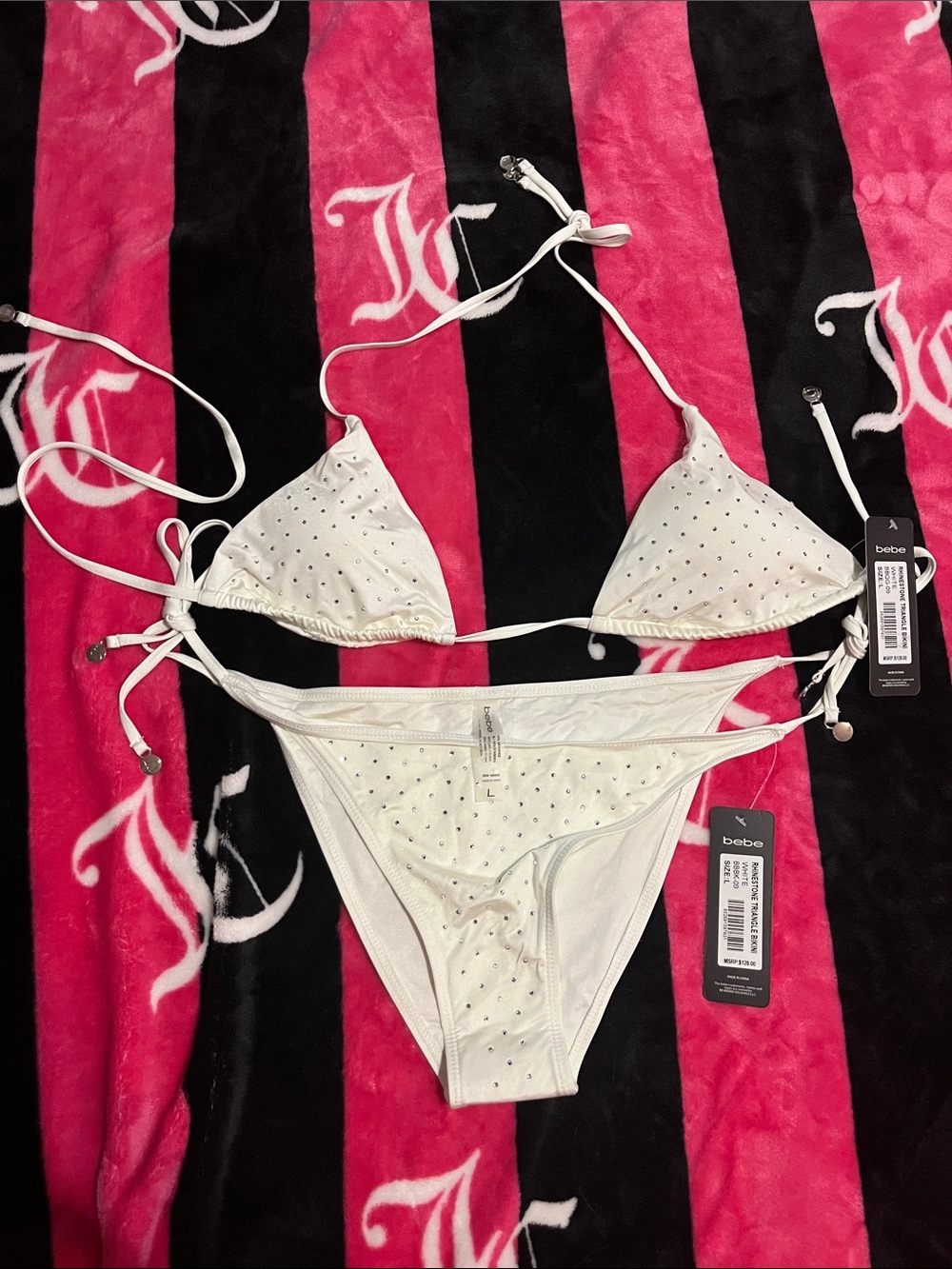 bebe White Rhinestone Triangle Tie Bikini